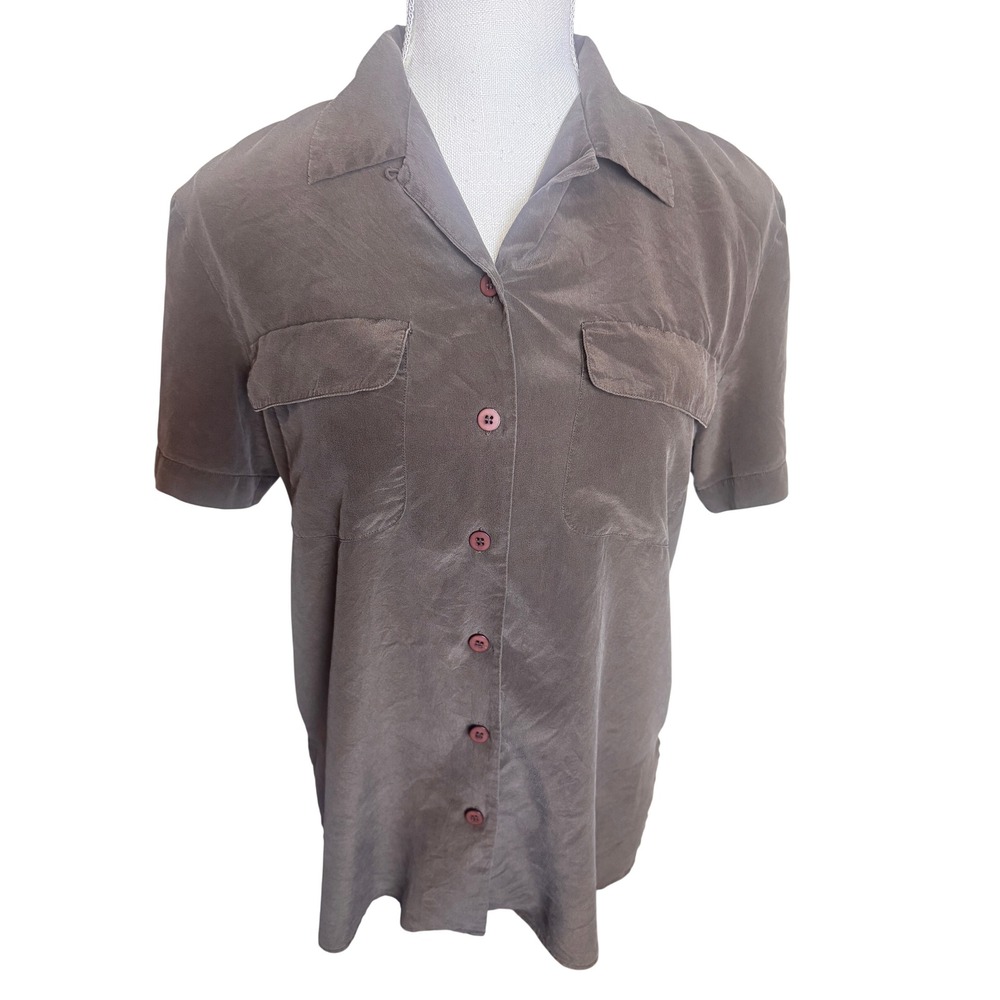 Chaus Vintage 100% Silk Short Sleeve Button Down Shirt Camp Brown Womens size 4
